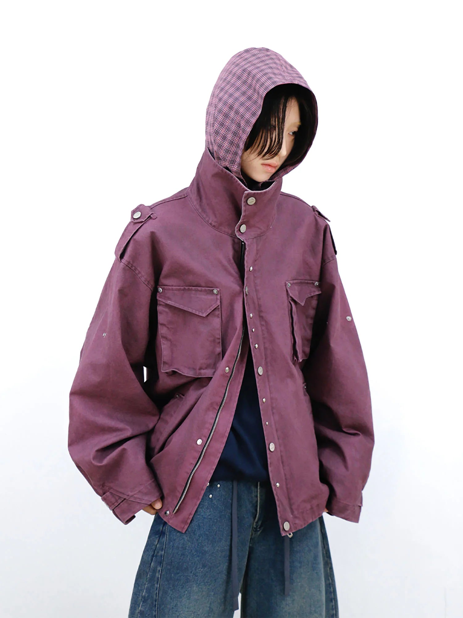 RELABEL Distressed Plaid Hood Oversized Jacket