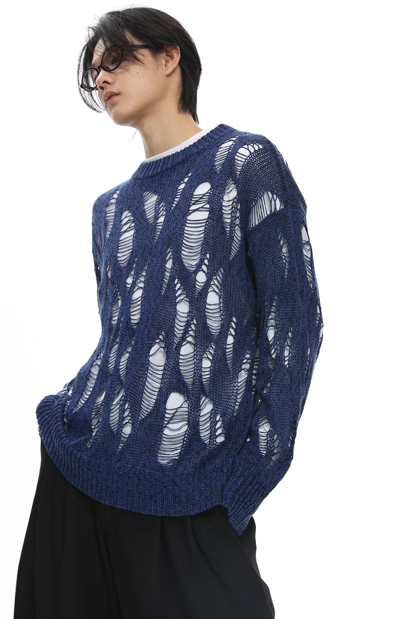 ROARINGWILD A ARCH Distressed Hollowed-Knit Sweater