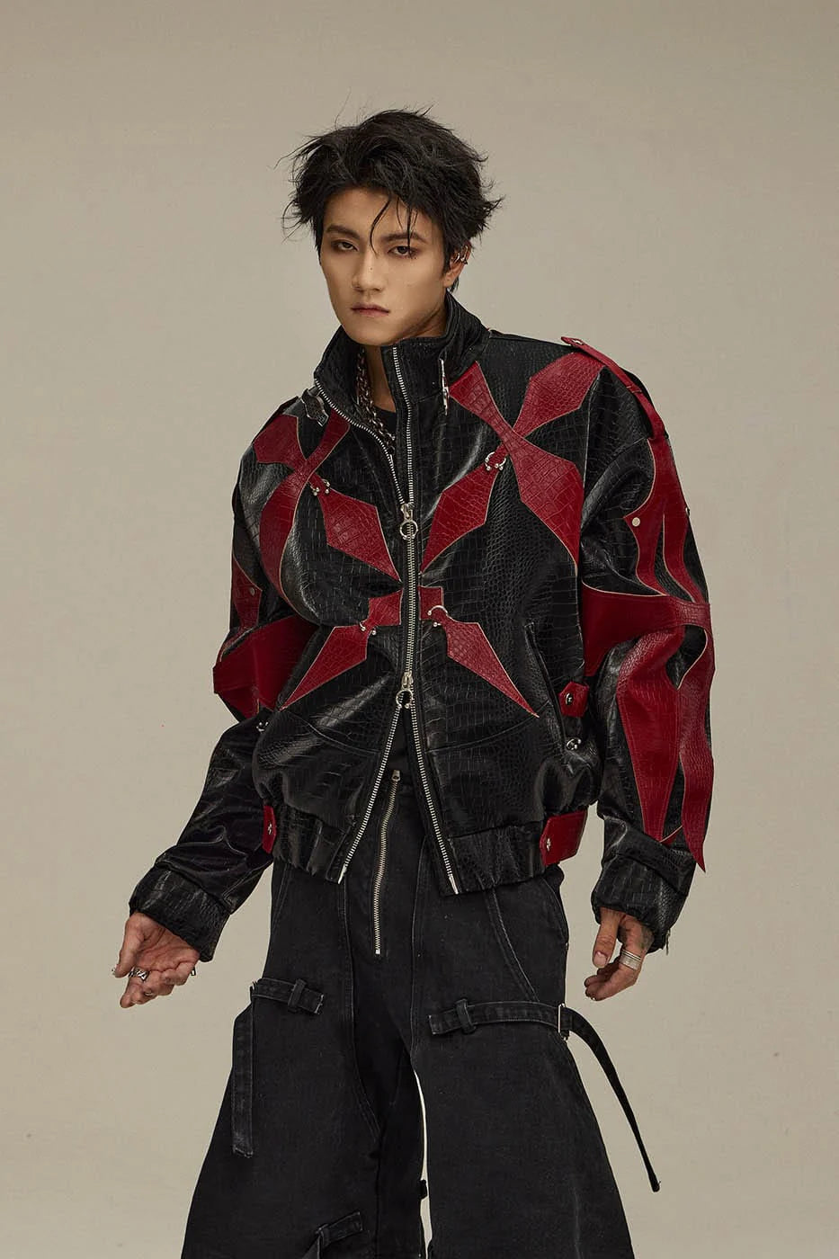 FLYERRER Four-Pointed Star Rivet Faux Feather Biker Jacket Red