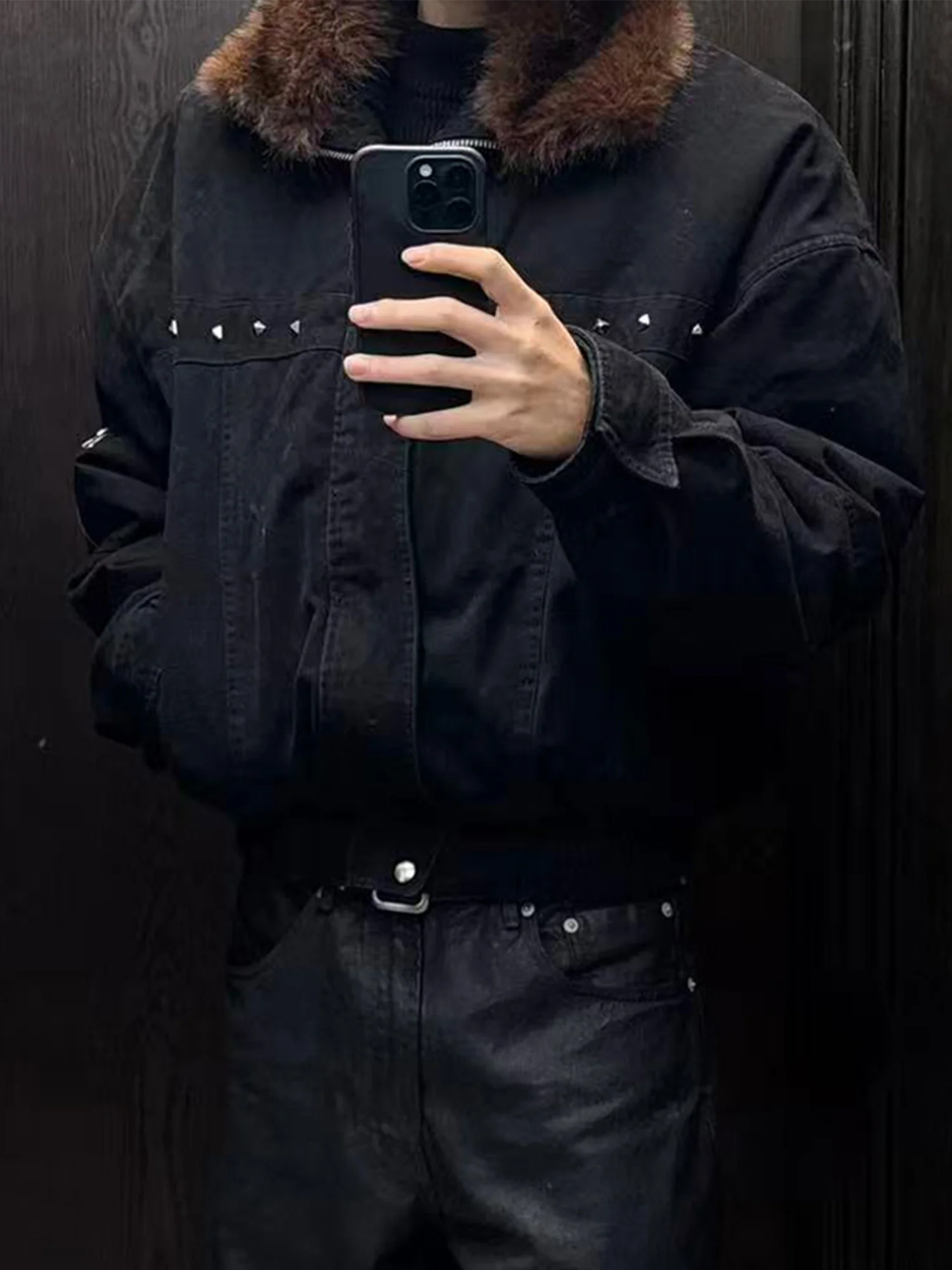 TRECLUB Studded Faux-Fur Collar Bomber Jacket
