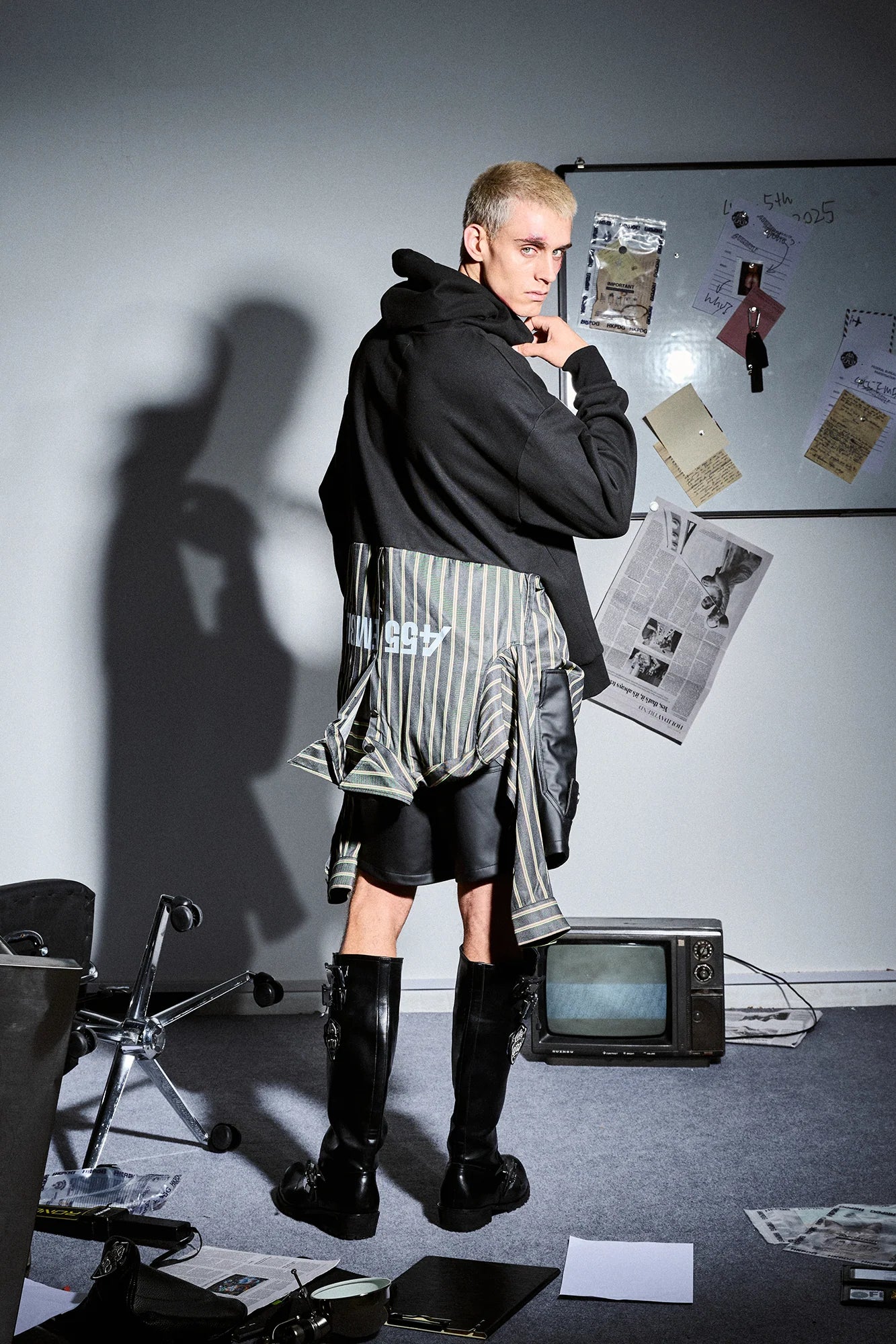 455EMBLE Deconstructed Layered Stripes Shirt-Paneled Hoodie