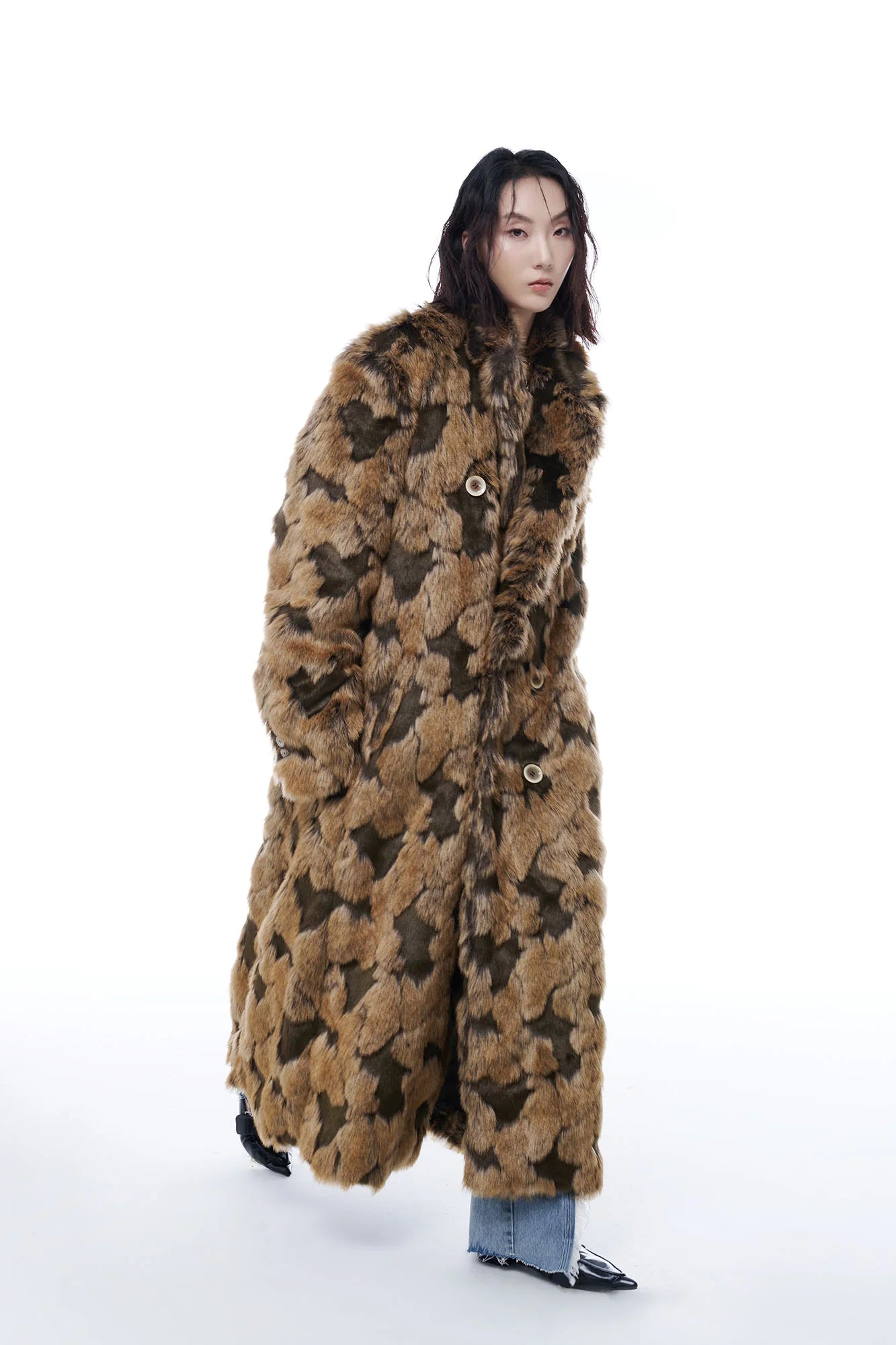 TUIMU Leopard Faux Mink Double-Breasted Coat