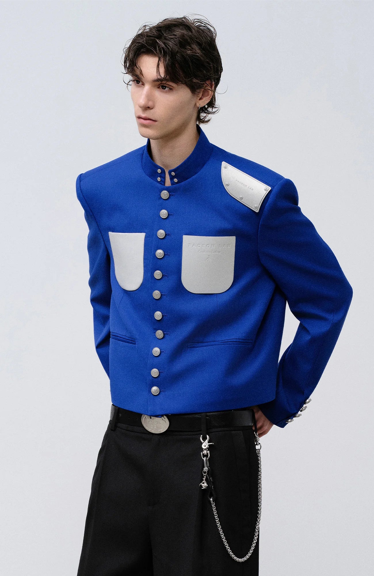 FACEONLAB Stand-Collar Metal-Shoulder Blazer Blue
