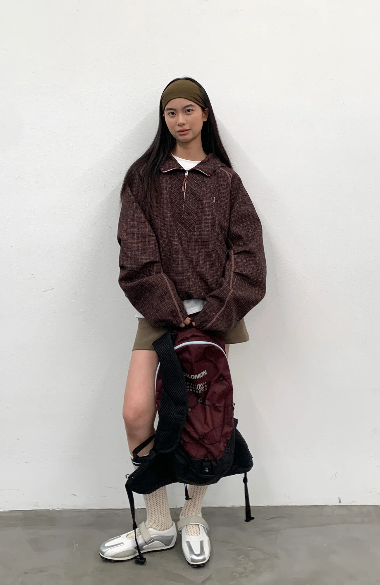ROARINGWILD A ARCH Plaid Paneled Half-Zip Hooded Jacket