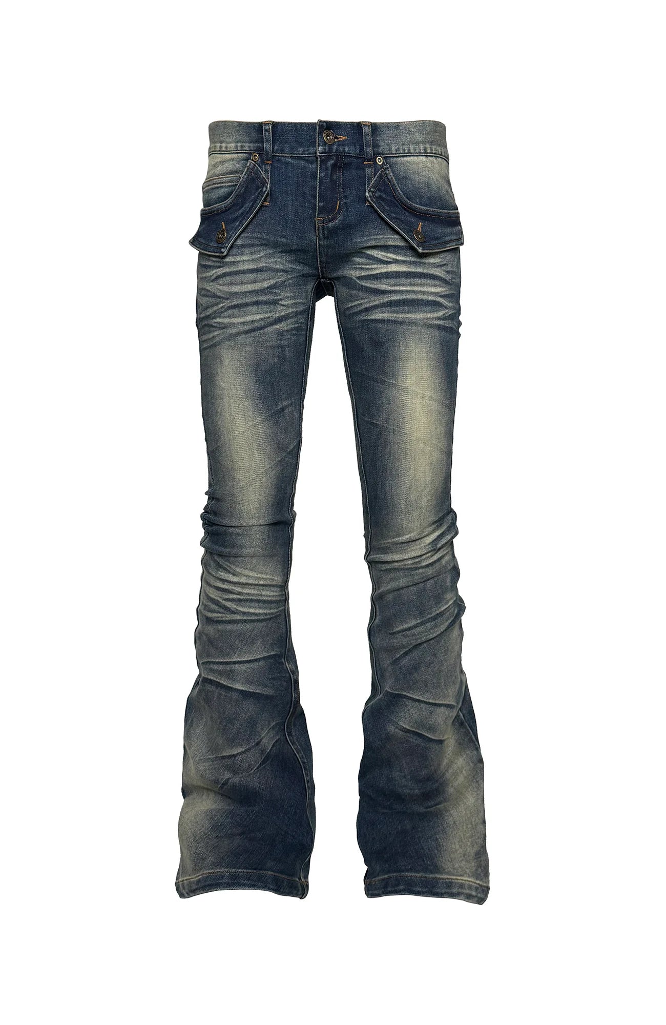 PCCVISION Washed Flap Pockets Slim Flared Jeans