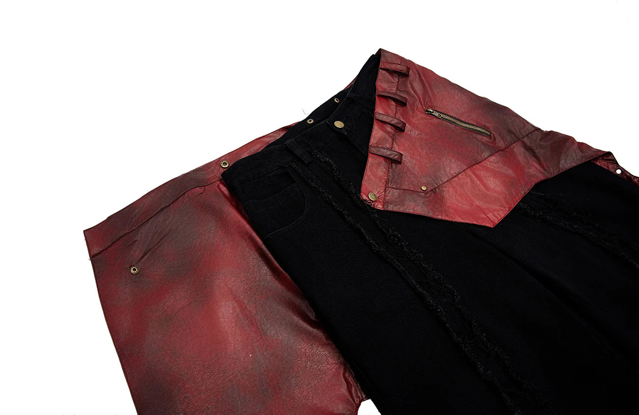 MOGONGSHE Detachable PU Drape  Frayed Cross Jeans