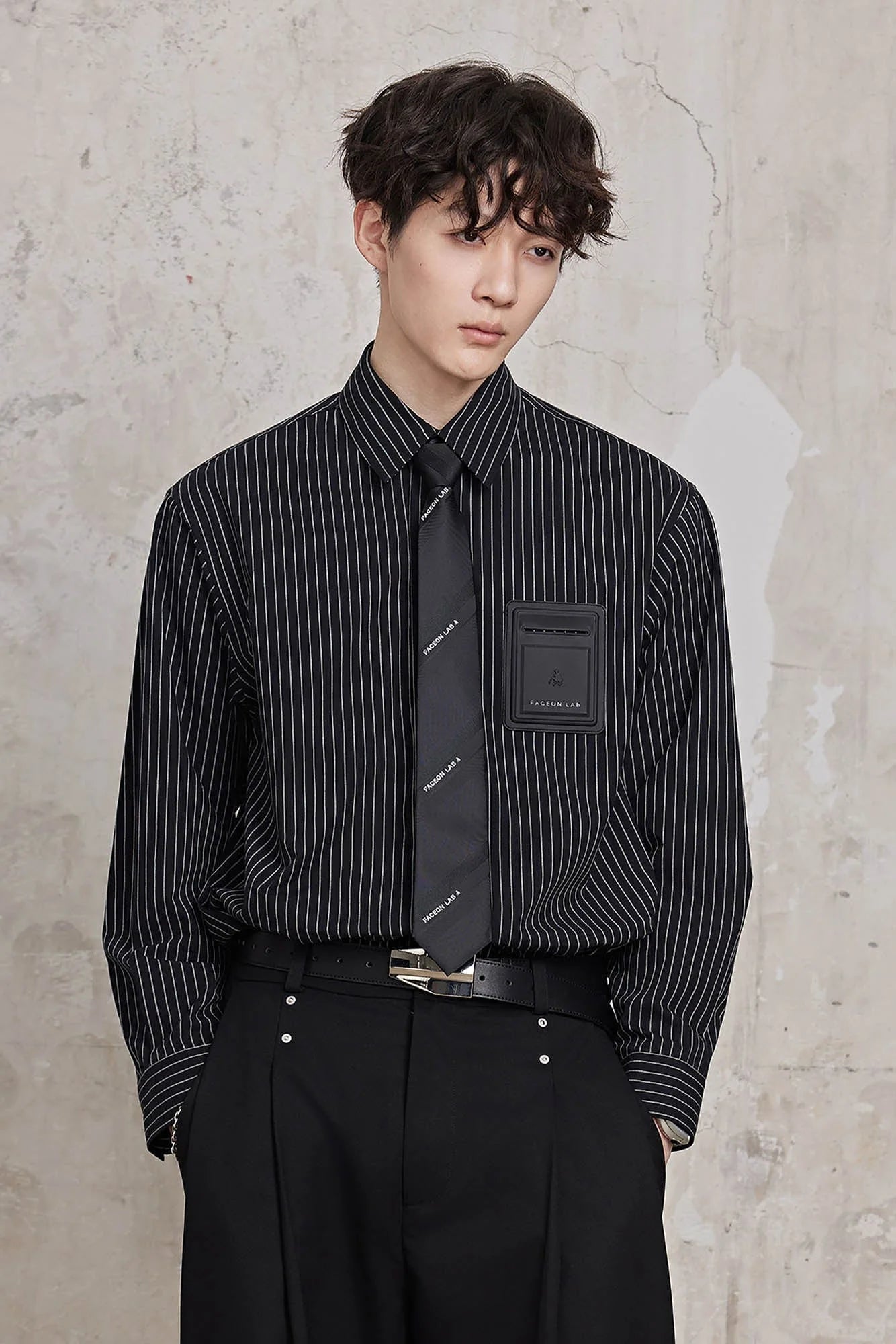 FACEONLAB Striped Patch-Pocket Poplin Shirt
