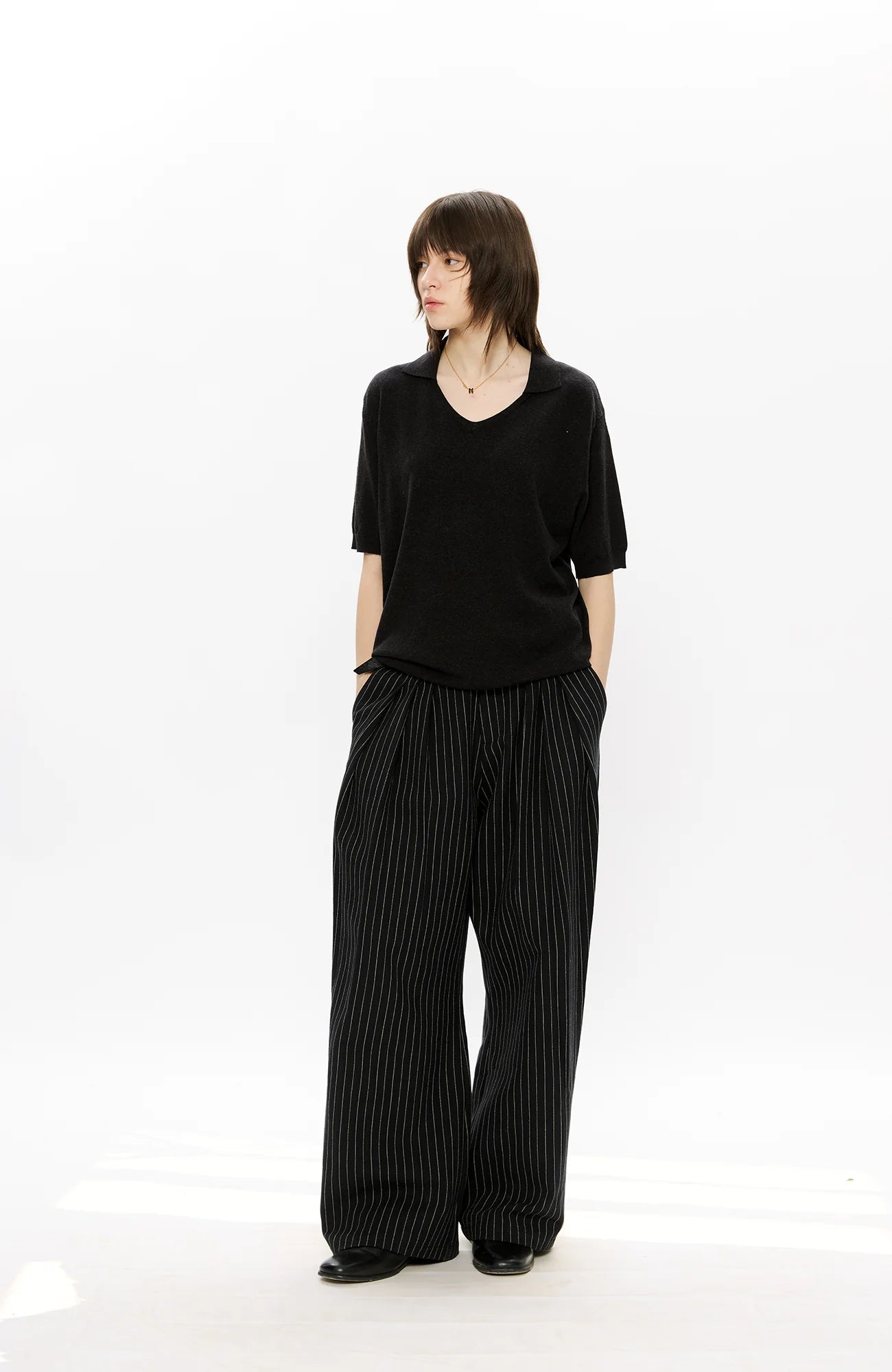 KREATE Pinstripe Pleated Draped Wide Trousers