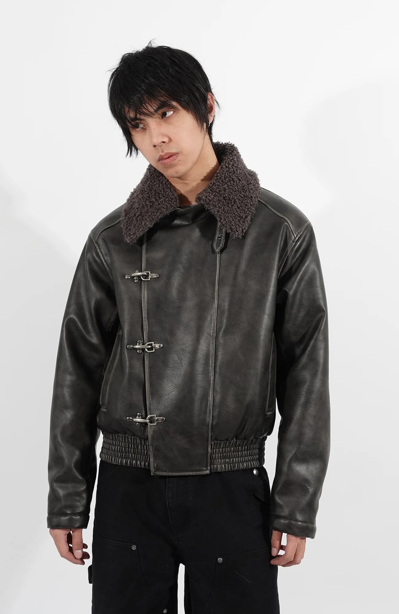 IN EXISTENCE Asymmetric Placket Washed Moto Jacket