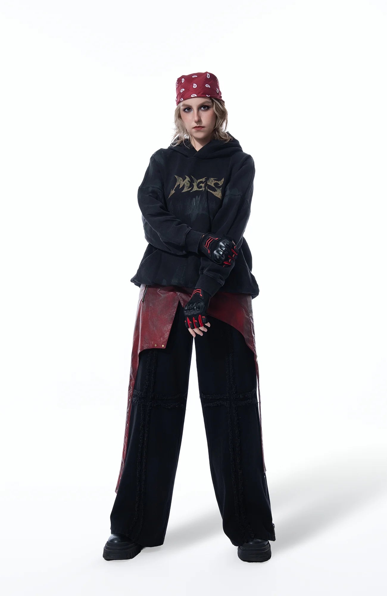 MOGONGSHE Detachable PU Drape  Frayed Cross Jeans