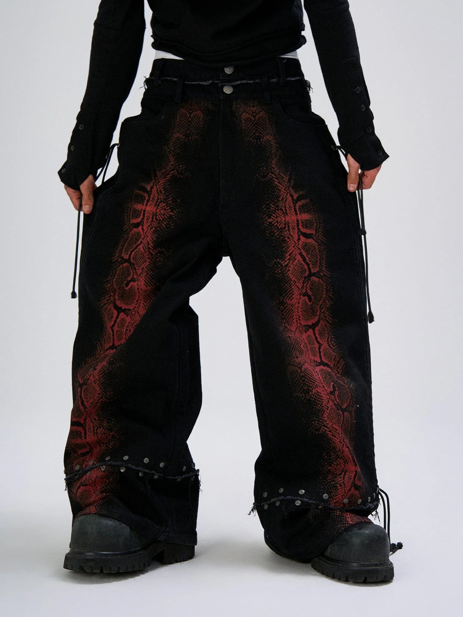 FLYERRER Washed Contrast Snakeskin Drawcord Wide-Leg Jeans