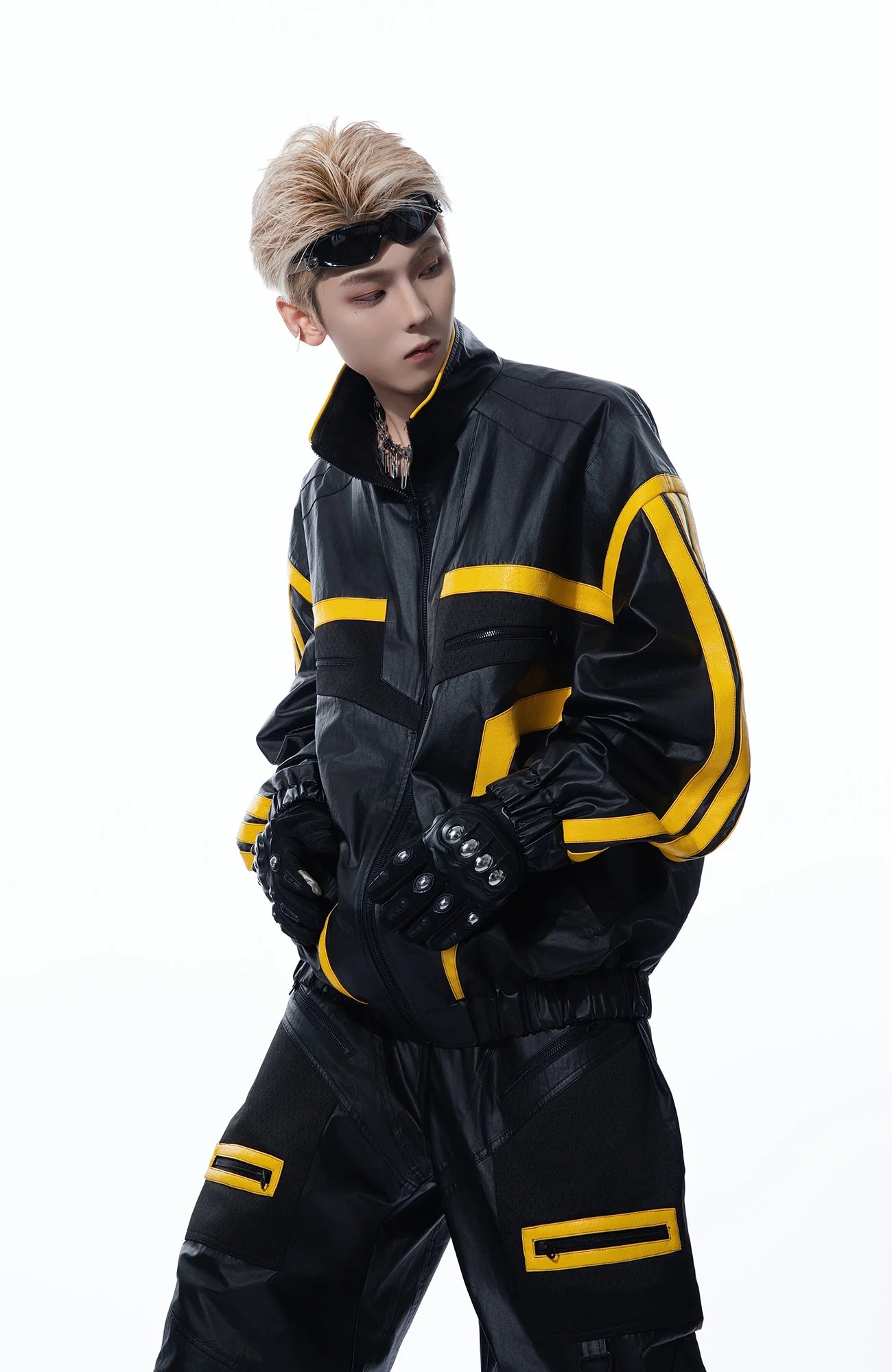 MOGONGSHE Contrast Stripe PU Moto Jacket