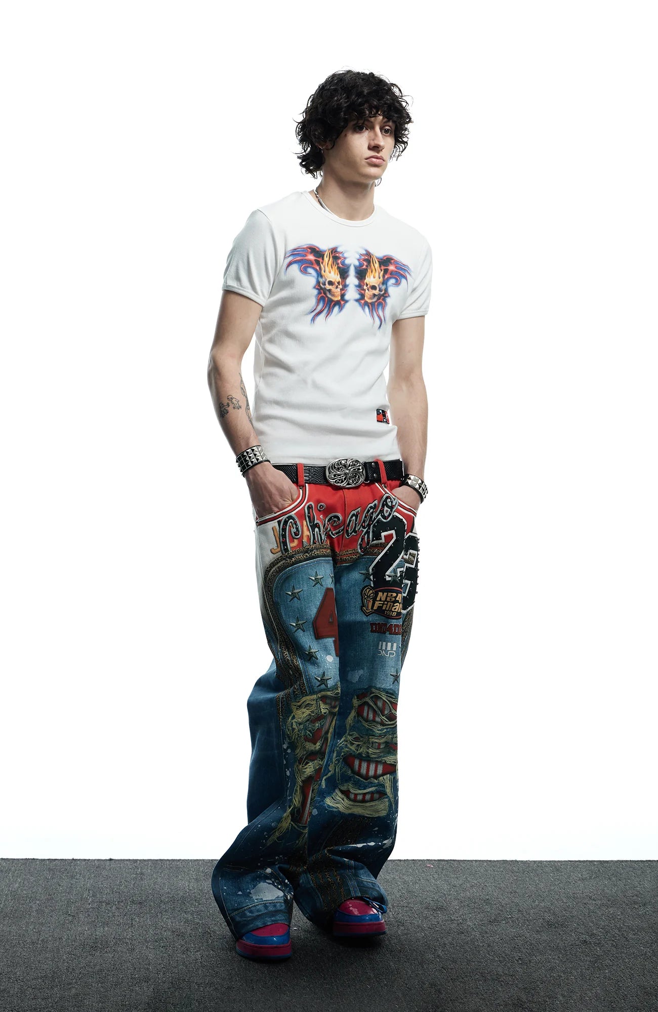 DND4DES Chicago Bulls Print Studded Flare Jeans