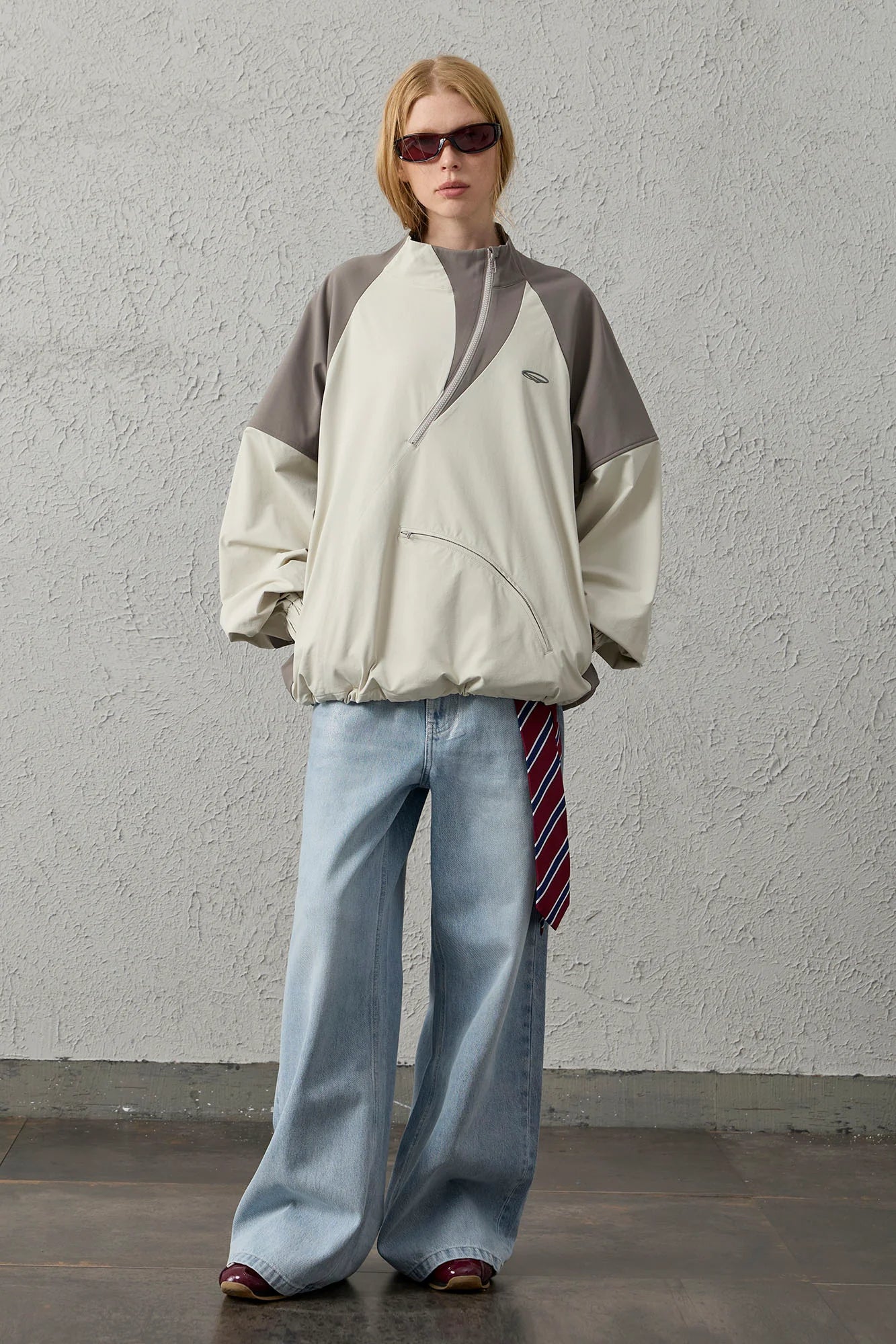 ORGANIC EMOTION Contrast Diagonal Half Zip Oversized  Windbreaker