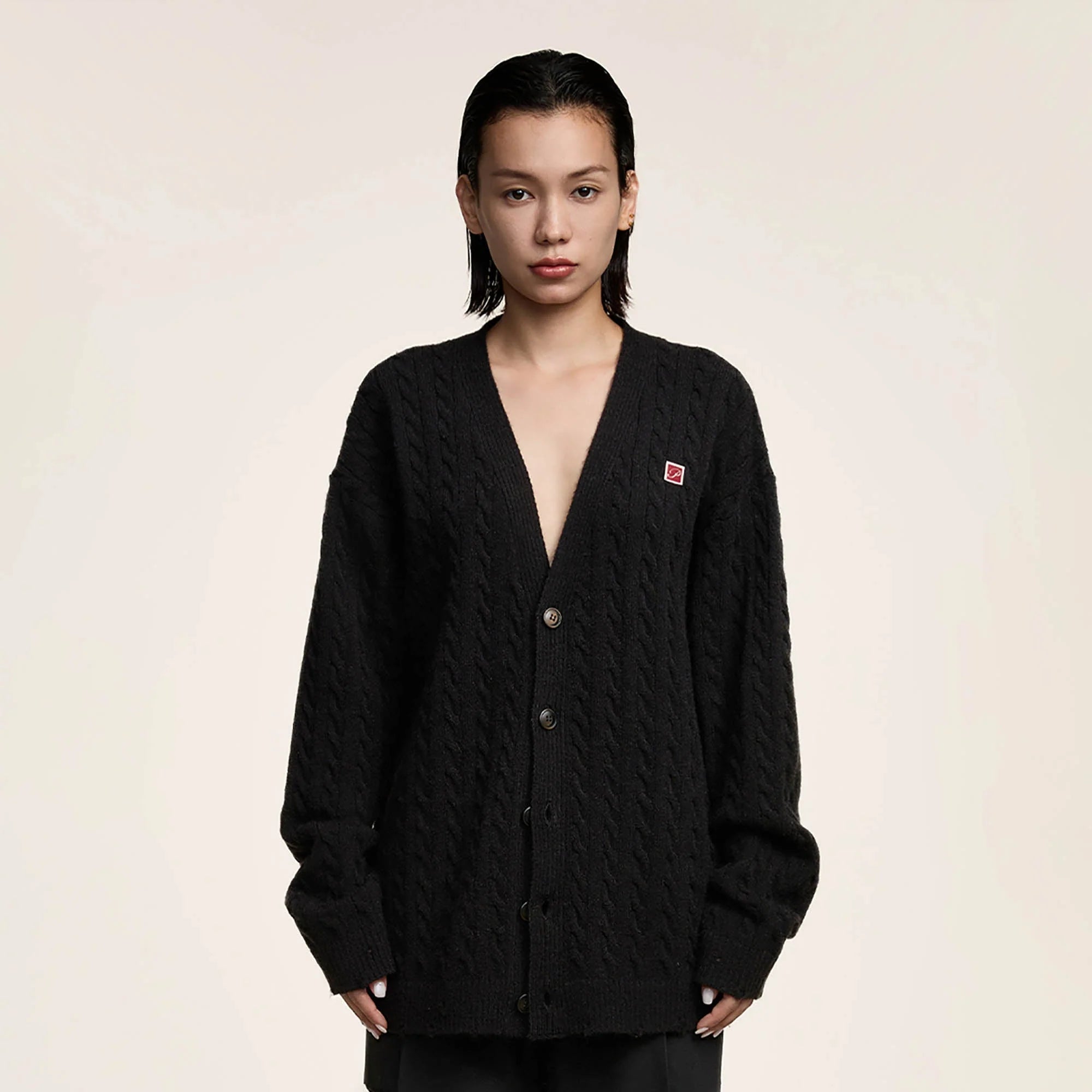OPICLOTH Cable-Knit V-Neck Button-Up Cardigan