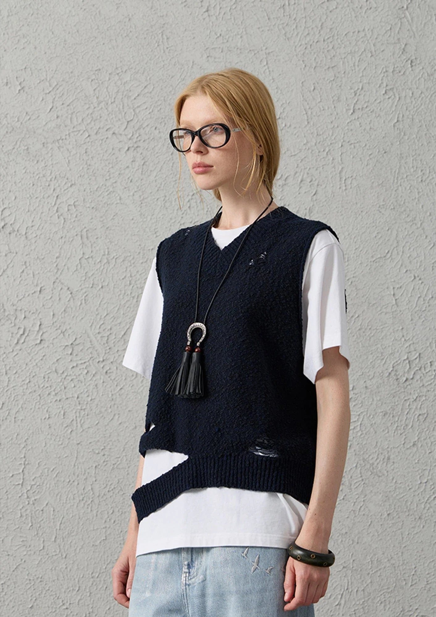 ORGANIC EMOTION Asymmetrical Distressed Bubble-Knit Vest