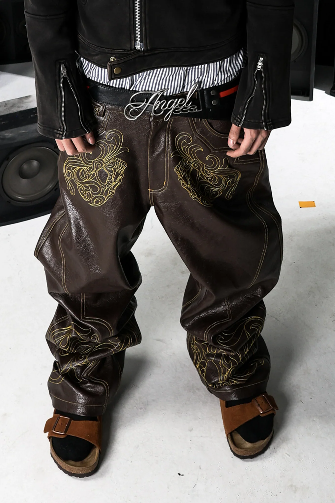 PCCVISION Gothic Skull Stitch PU Pants Brown