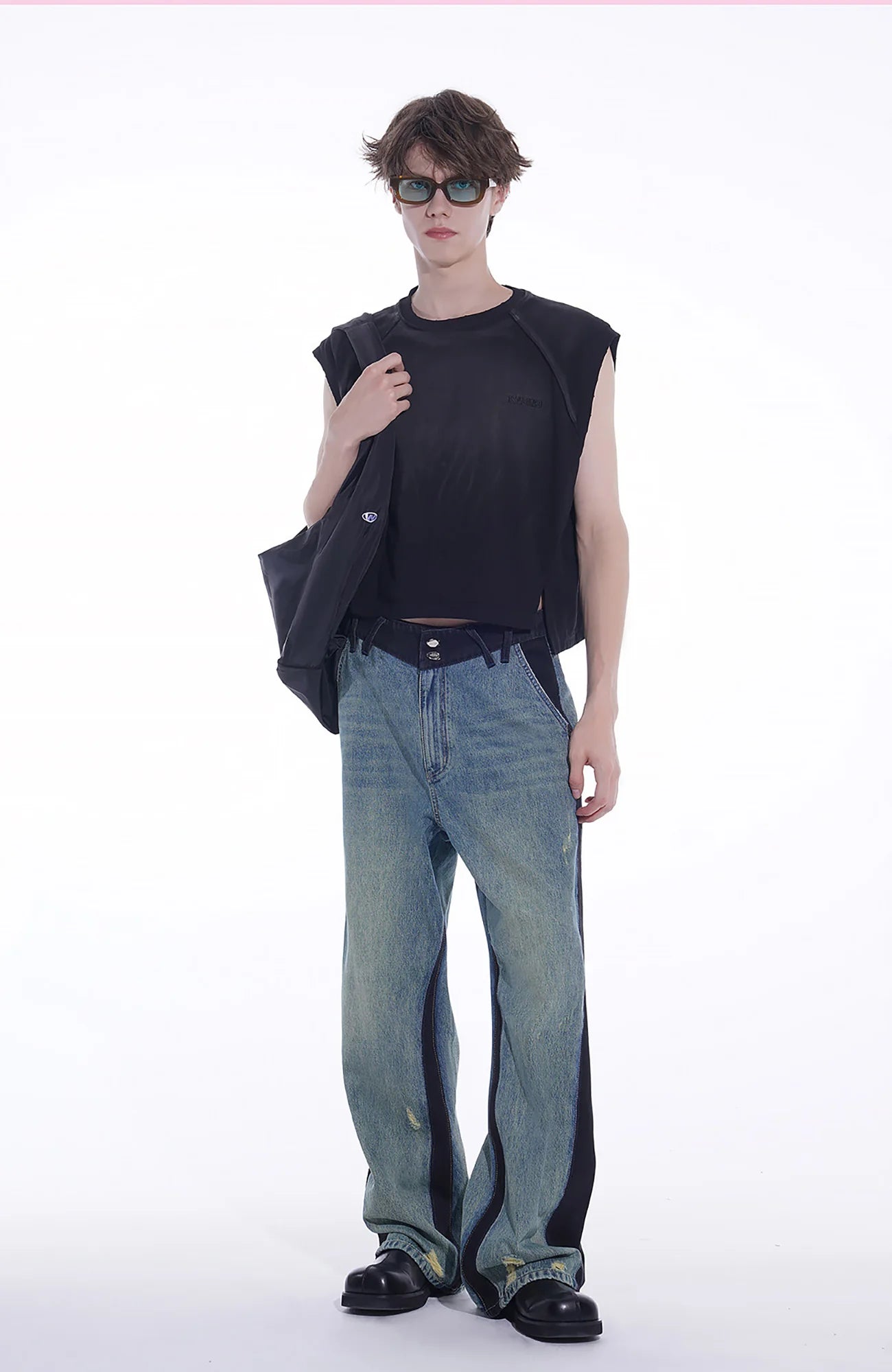 TIWILLTANG Distressed Contrast Paneled Wide-Leg Jeans