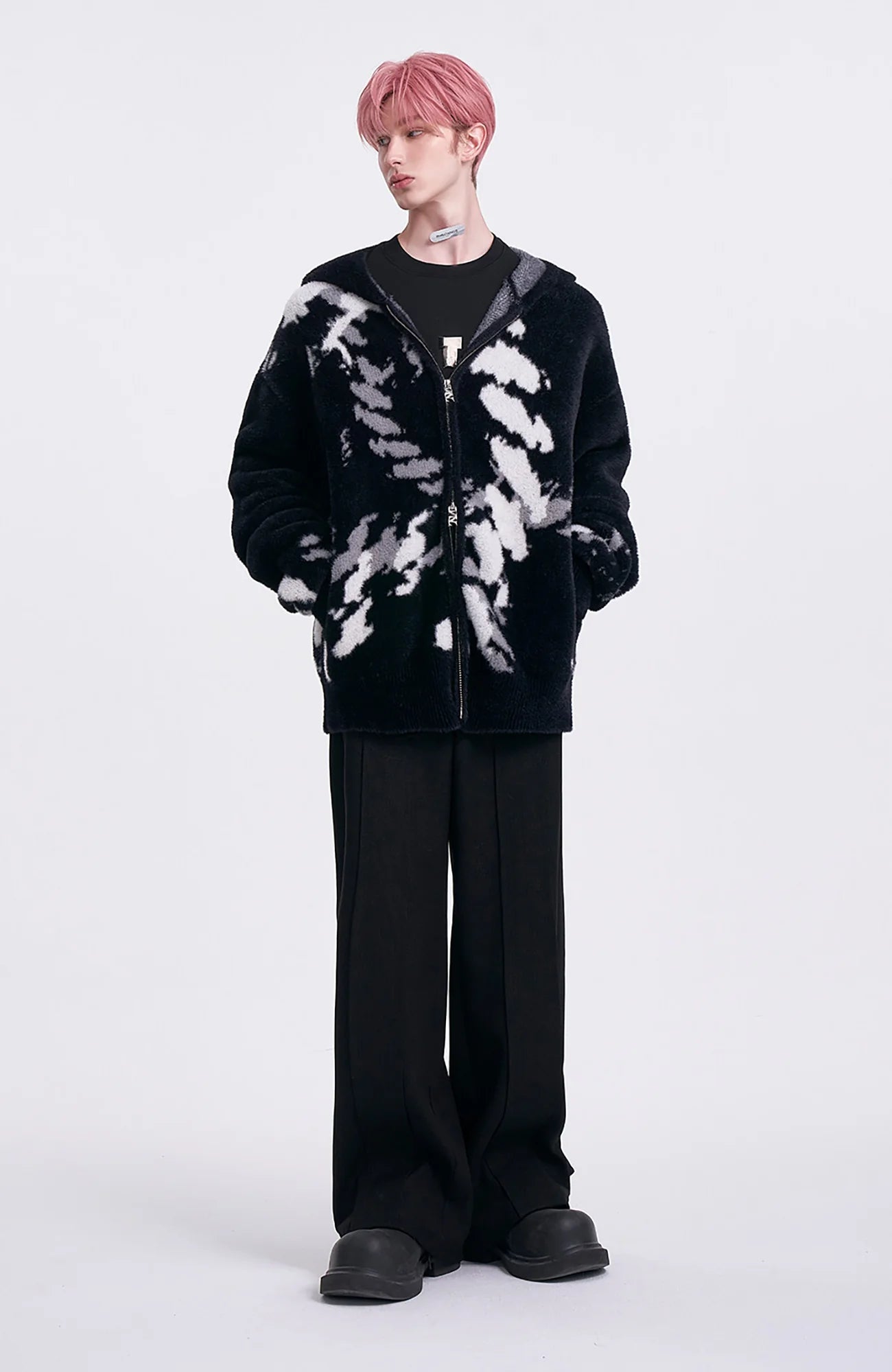 TIWILLTANG Contrast Jacquard Fuzzy Hooded Jacket