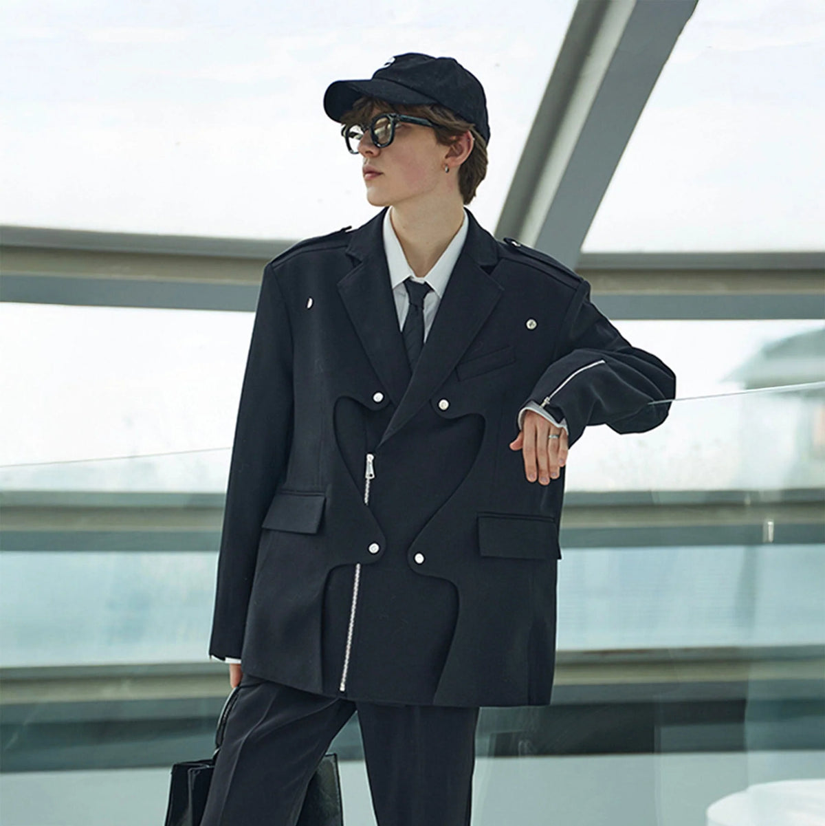 ASSEEN Deconstructed Ripple-Panel Zip Blazer