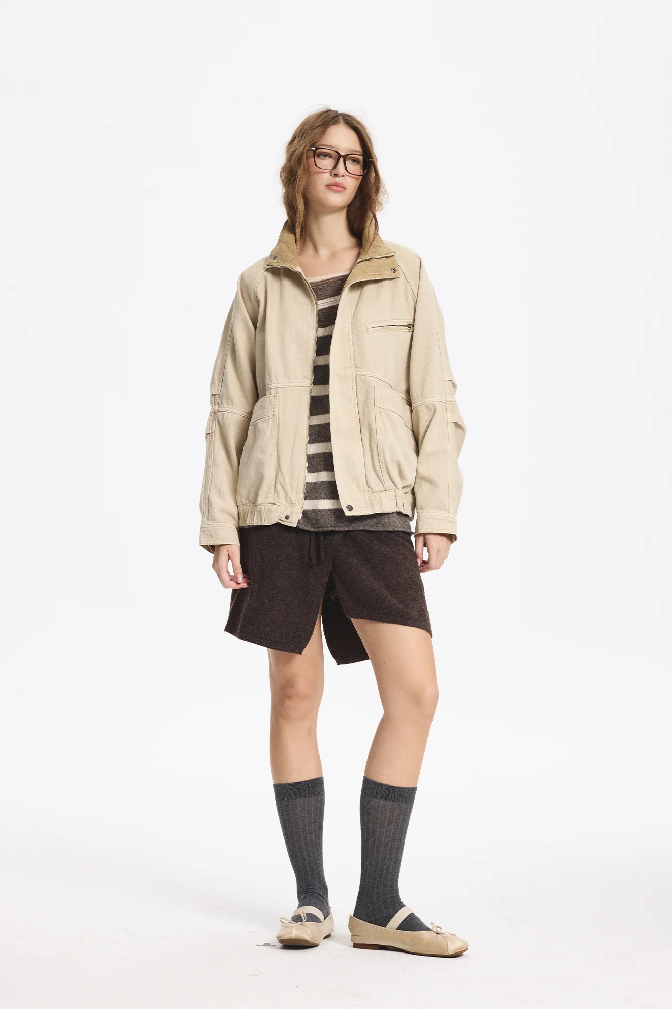 LEONSENSE Utility Raglan Stand-Collar Denim Jacket