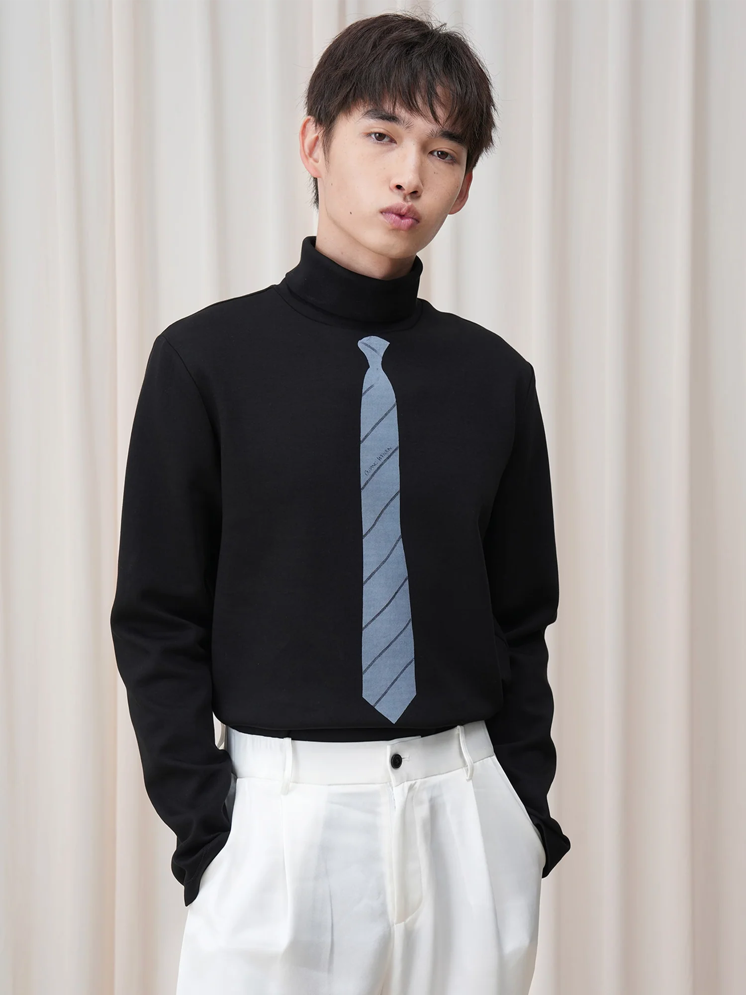 OUYANG WENJUN Stripes-Tie Graphic Turtleneck Long-Sleeve Tee