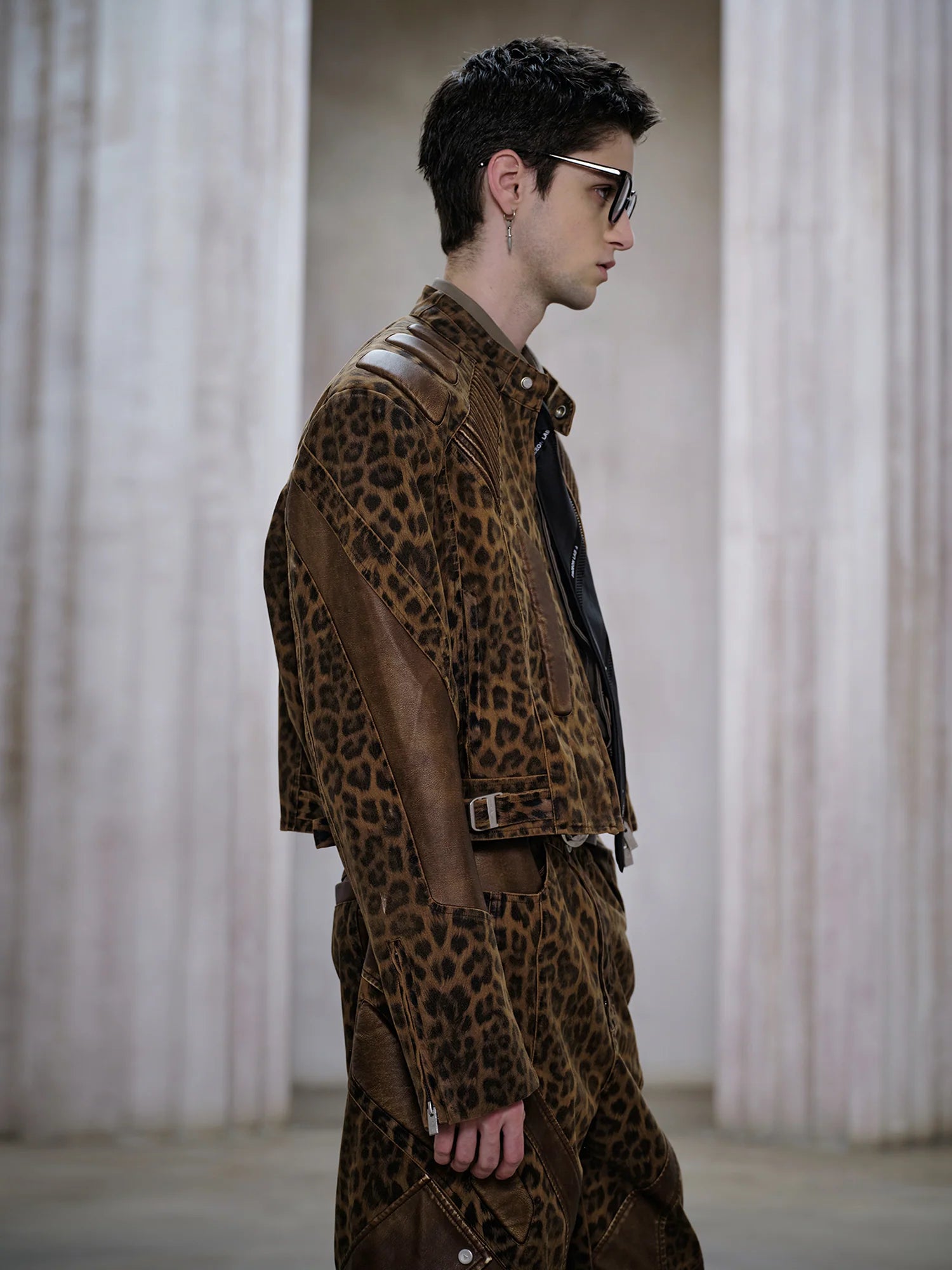 FACEONLAB Leopard Paneled Ribbed Armor Jacket