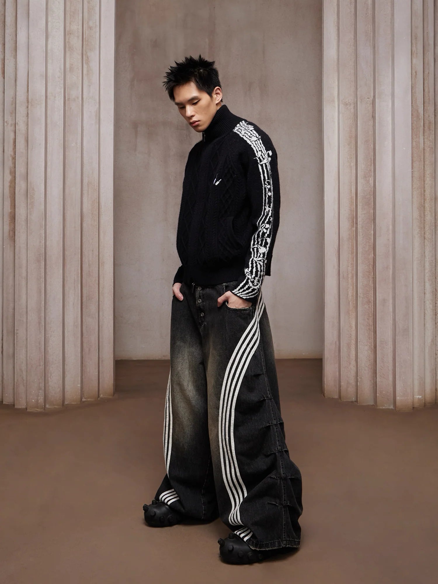 DND4DES Washed Ruched Striped Baggy Jeans