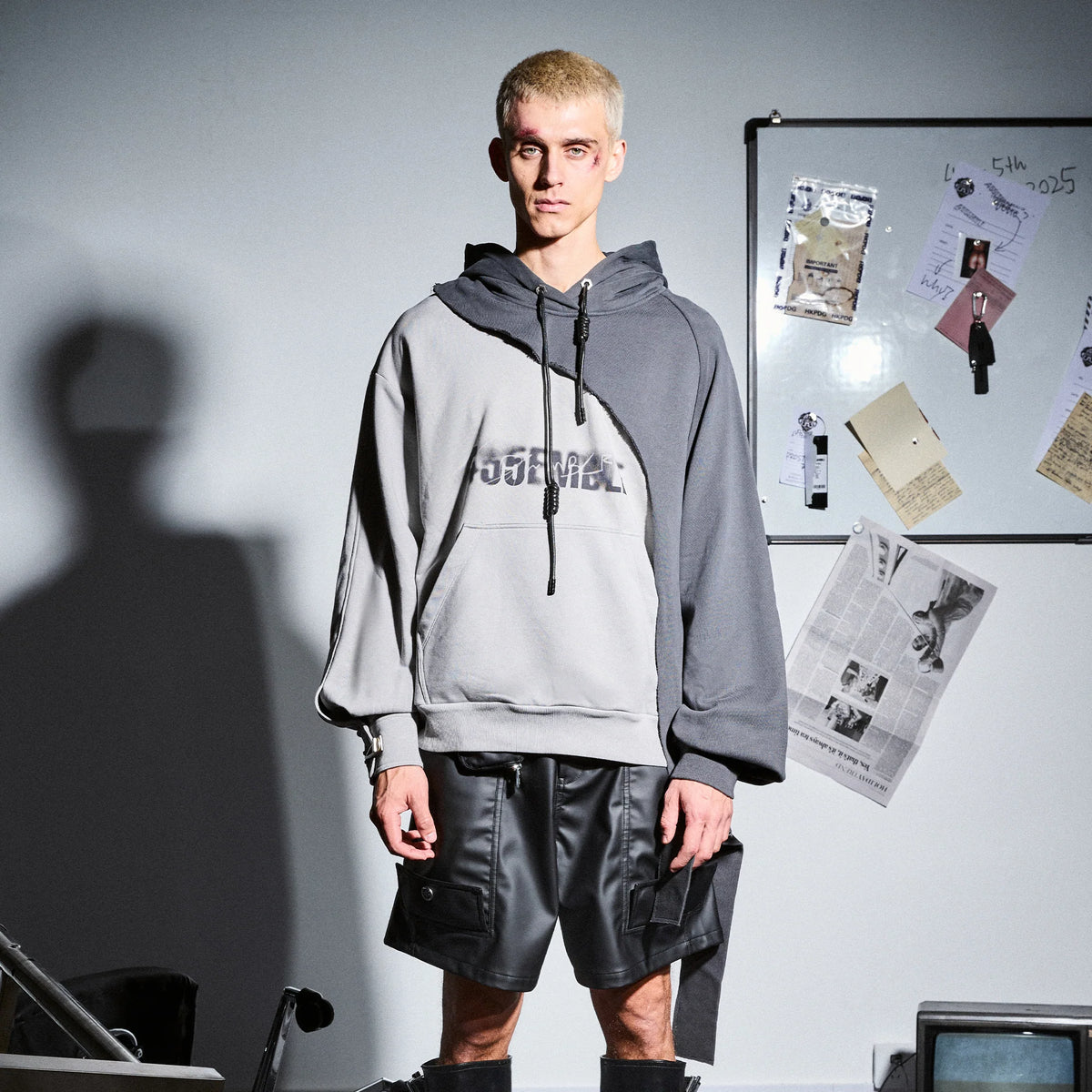455EMBLE Distressed Spliced Contrast Hoodie