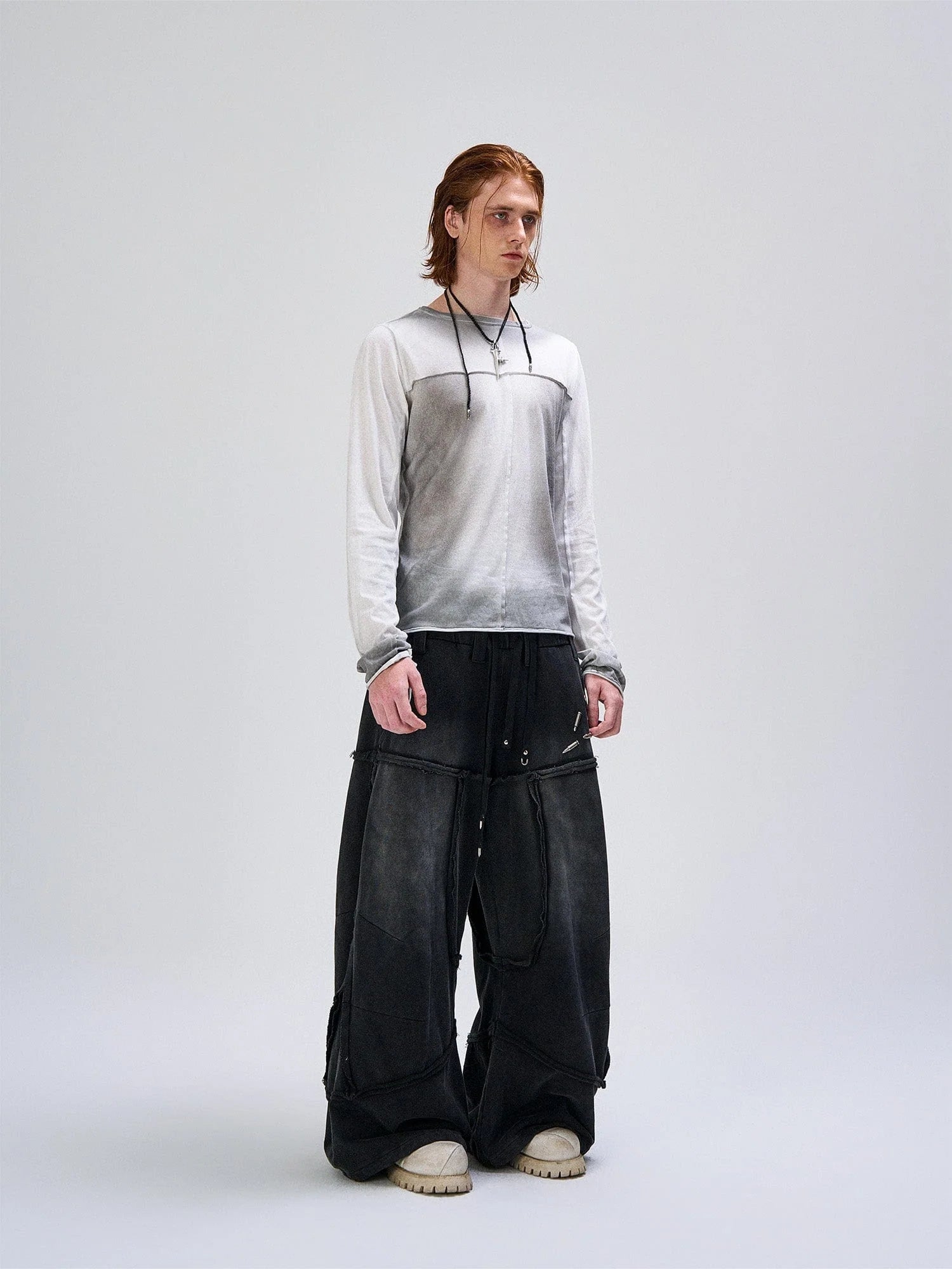 FLYERRER Washed Gradient Cross-Panel Raw-Edge Long-Sleeve Tee