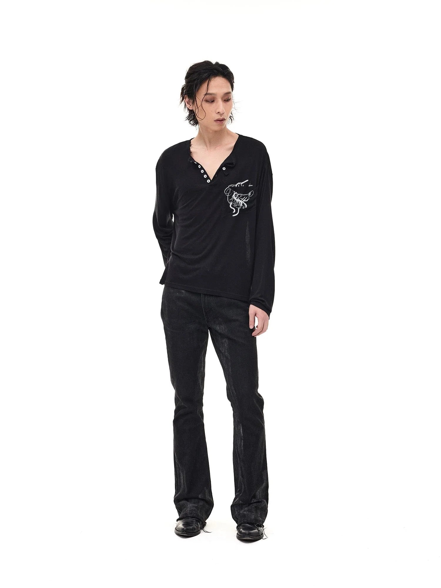 WHISTLEHUNTER Merino-Tencel Henley Graphic Long-Sleeve Tee
