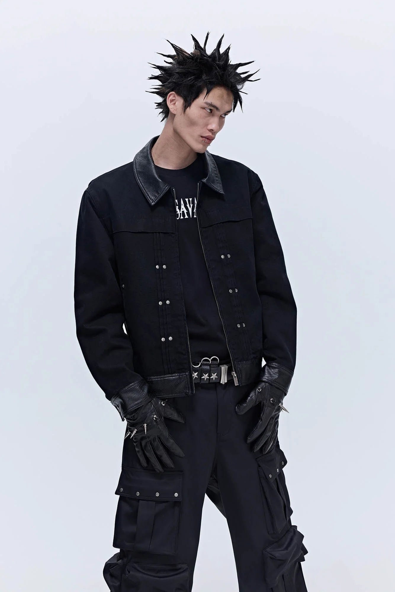 SAVAGEGROWTHWORLD Rivet Faux Leather Paneled Detroit Jacket