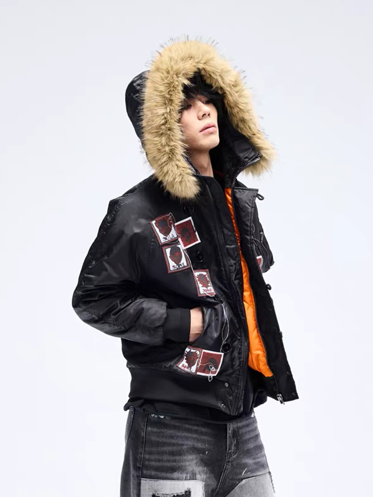 NOTHINGNESS WORLD Faux Fur Patch Hooded Puffer Jacket