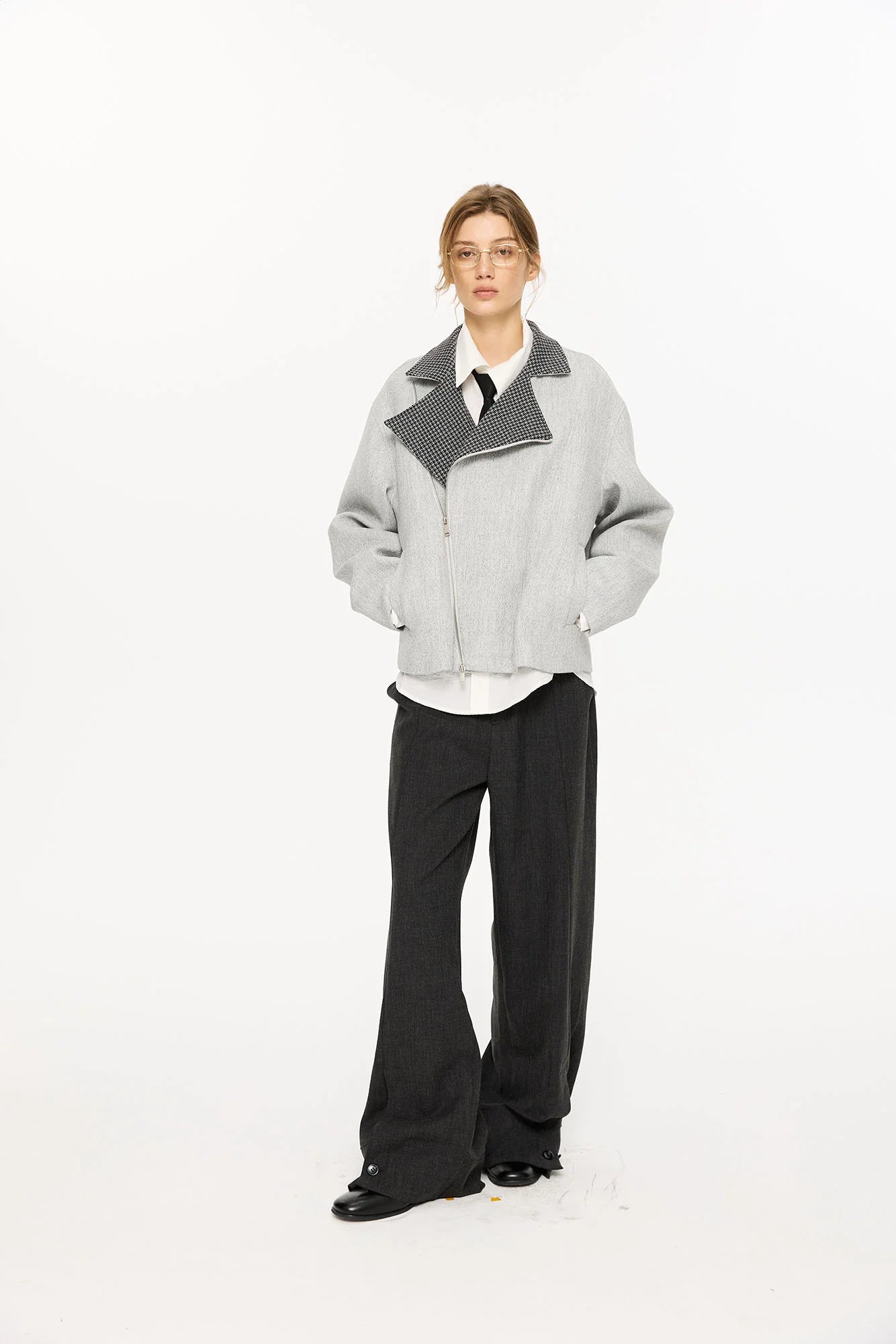 KREATE Houndstooth Wool-Blend Moto Jacket