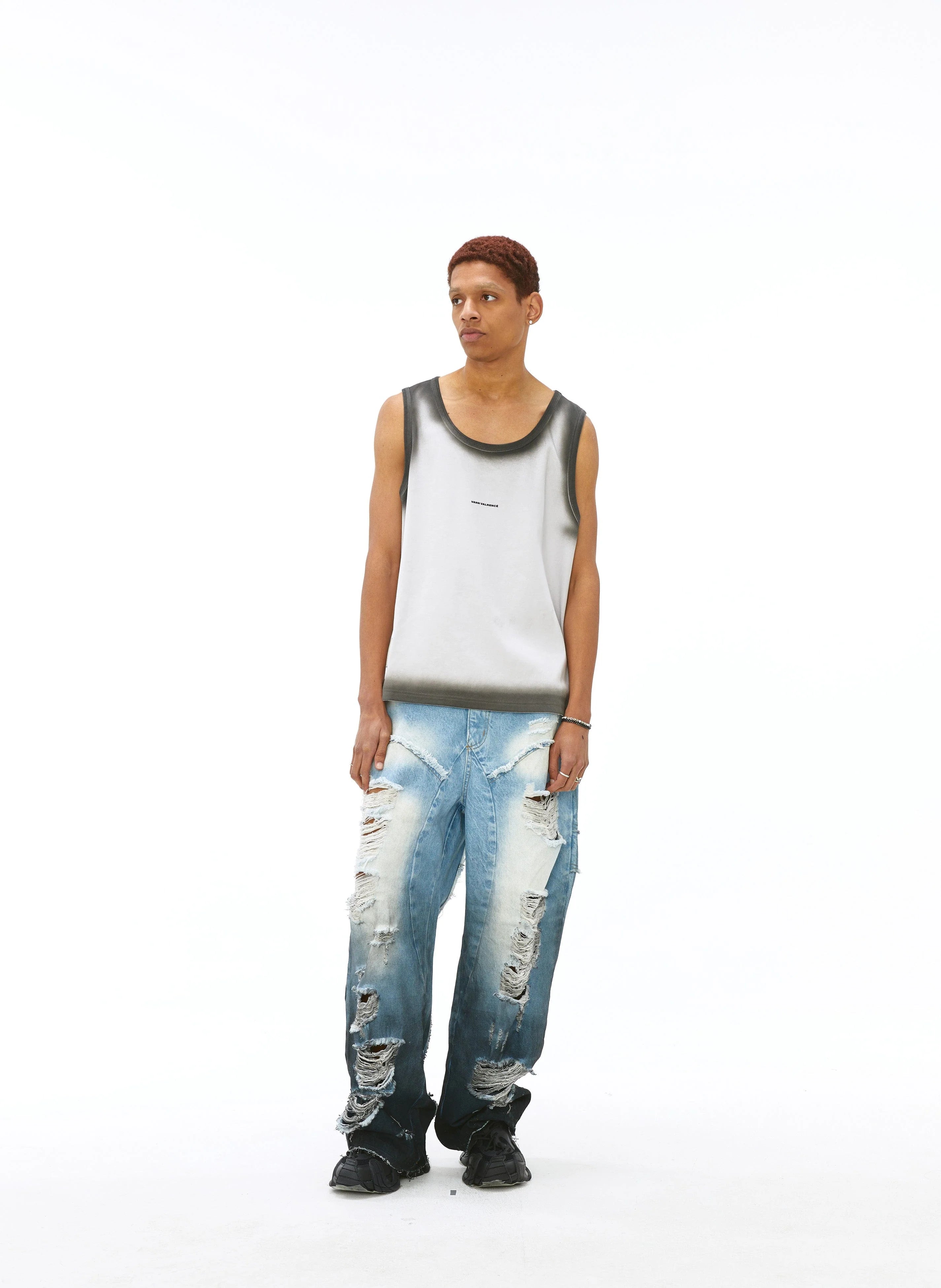 VANN VALRENCE Distressed Edge-Sprayed Oversized Tank Top