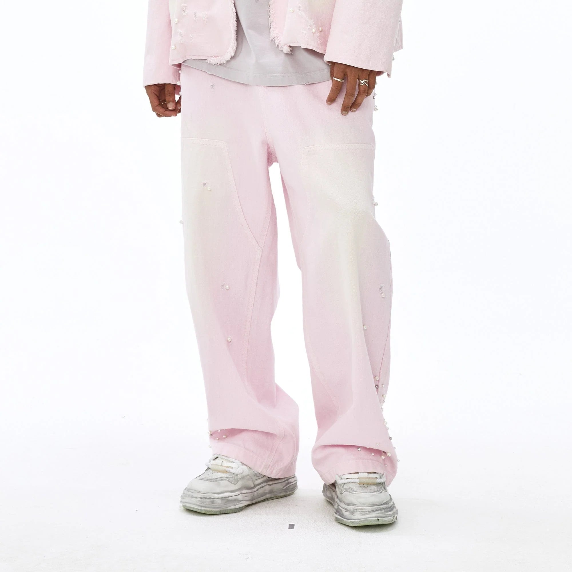 VANN VALRENCE Washed Beaded Double-Knee Trousers