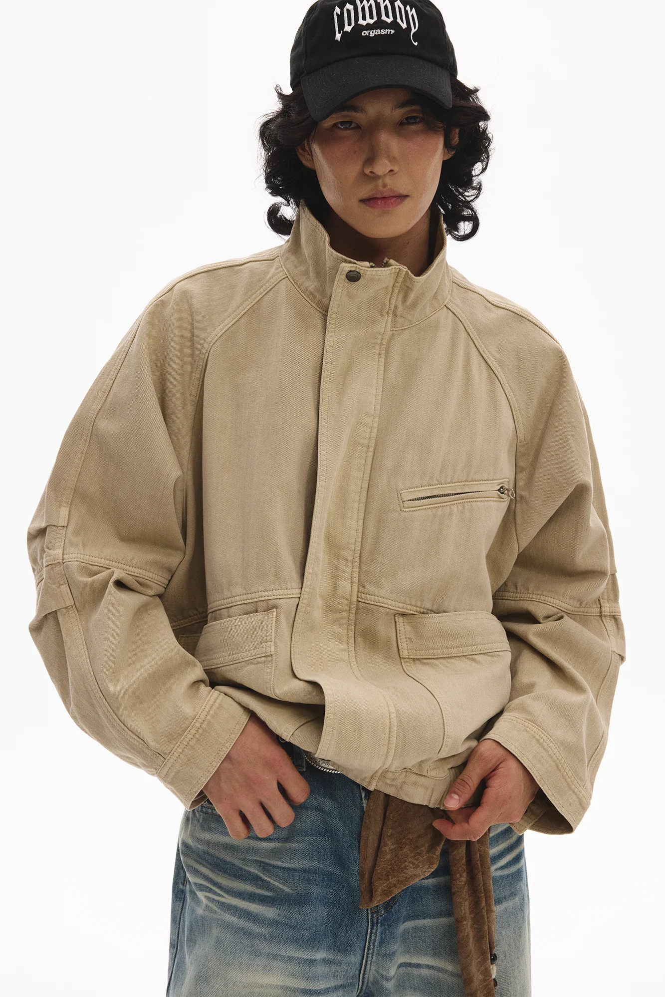 LEONSENSE Utility Raglan Stand-Collar Denim Jacket