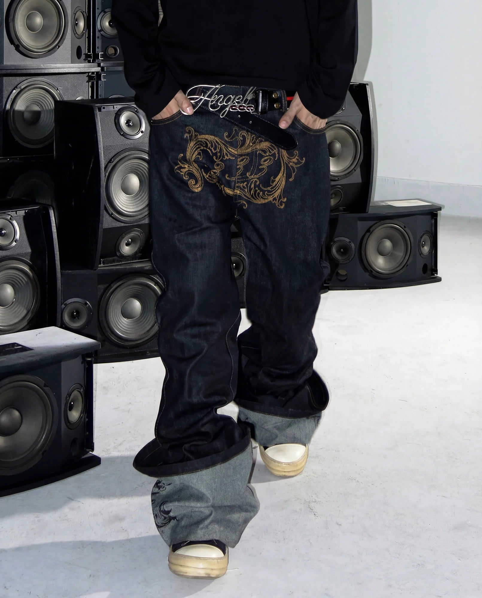 PCCVISION Baroque Embroidered Raw Denim Stacked Jeans