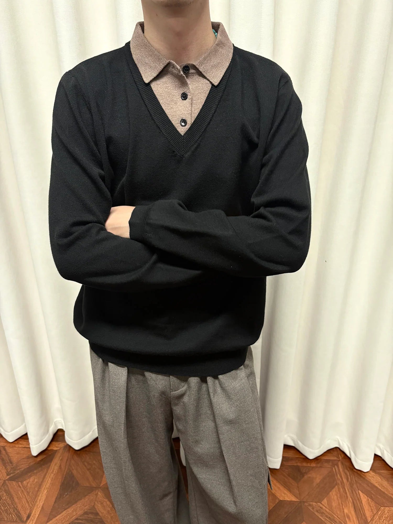 KREATE Contrast Faux Layered Polo Sweater