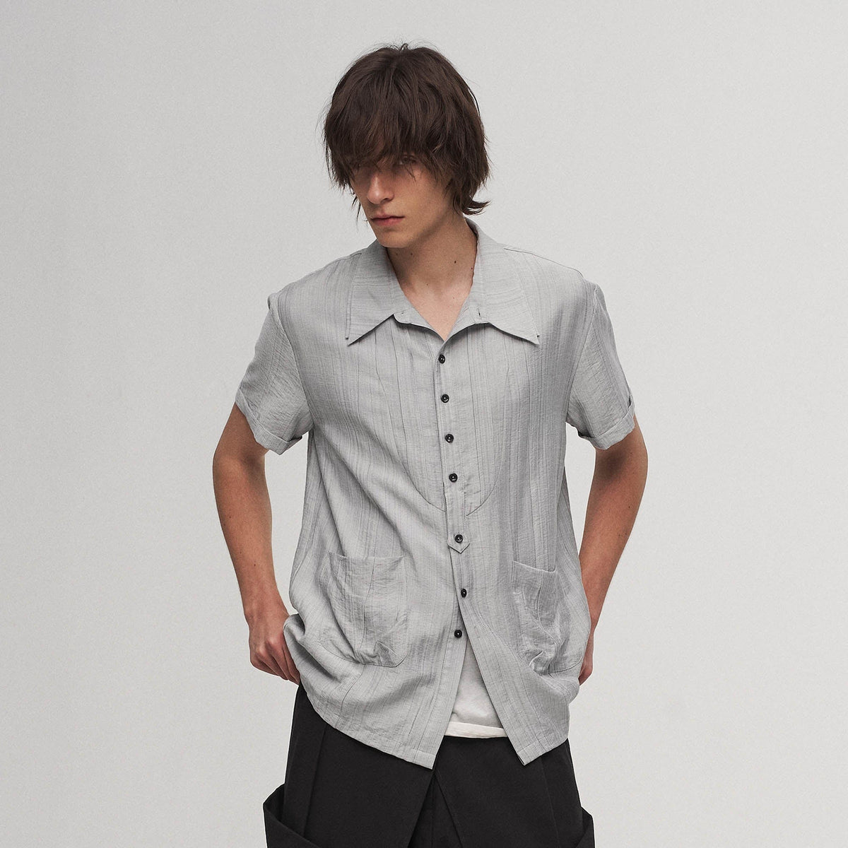 ILNya Nieternite Nifutur Stripe Crinkled Spliced Layered Collar T-Shirt Silver