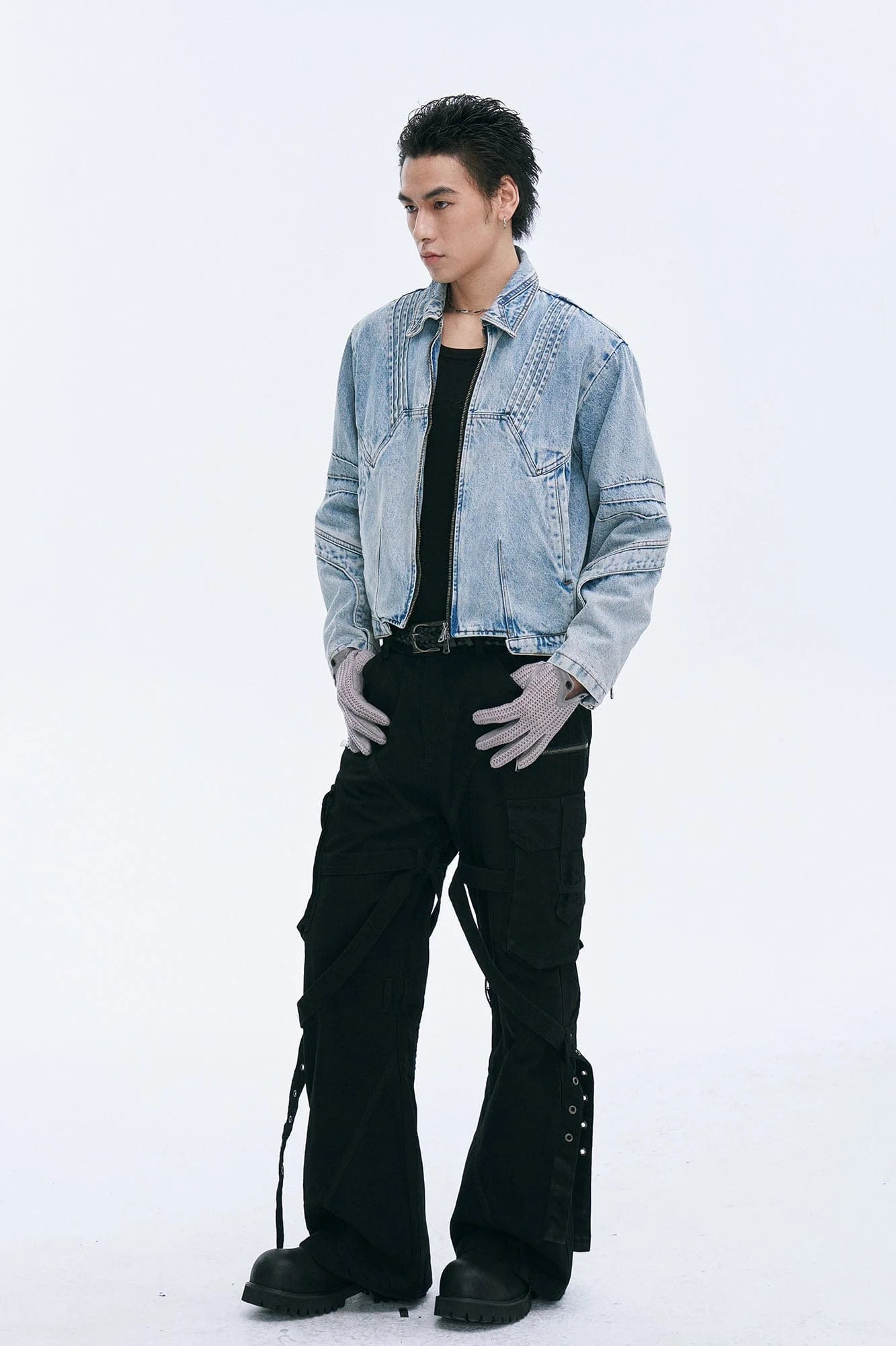 CATSSTAC Washed Paneled Seam Denim Jacket