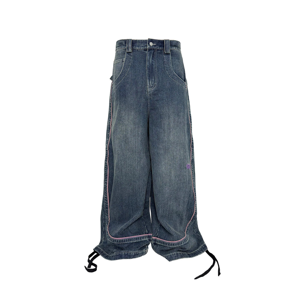 PCCVISION Contrast Stitch Embroidered Washed Jeans