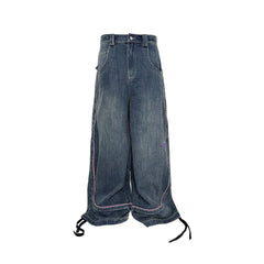 PCCVISION Contrast Stitch Embroidered Washed Jeans