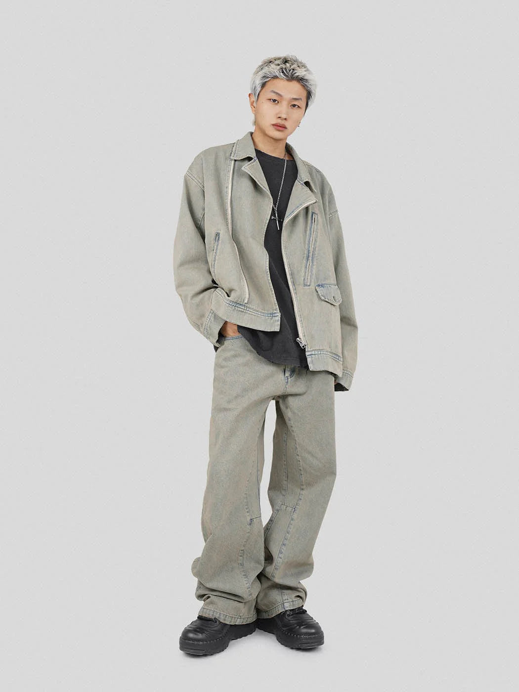 UNDERWATER Acid Wash Zipper Biker Jacket