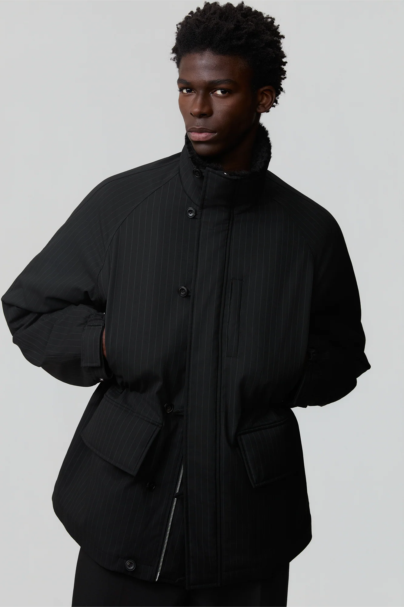 OPICLOTH Pinstriped Faux Fur-Lined Drawstring Jacket