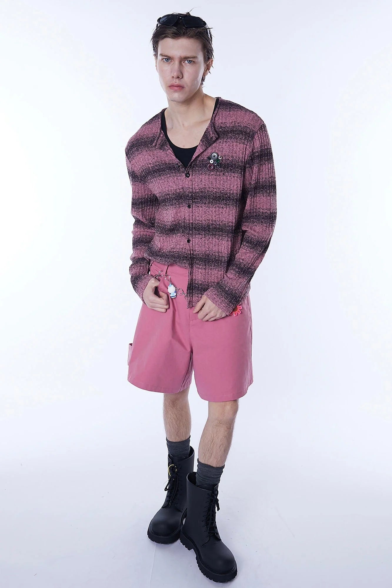 ASSEEN Horizontal Gradient Stripe Button Cardigan Pink