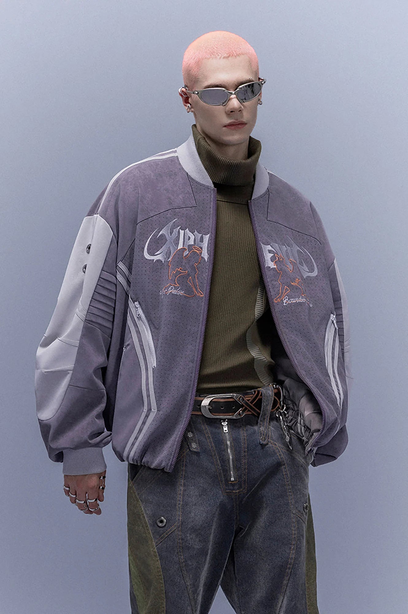 XIPHEVIL Faux Suede Embroidered LOGO Bomber Purple