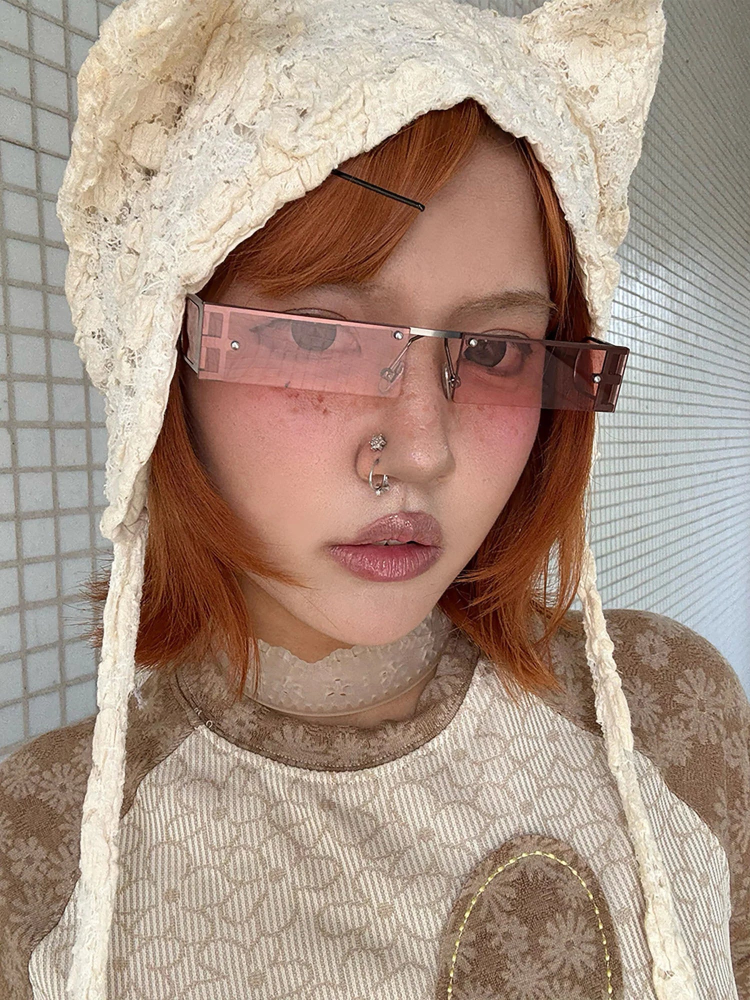 DAMAGE ASIA Rectangle Half-frame Transparent Sunglasses