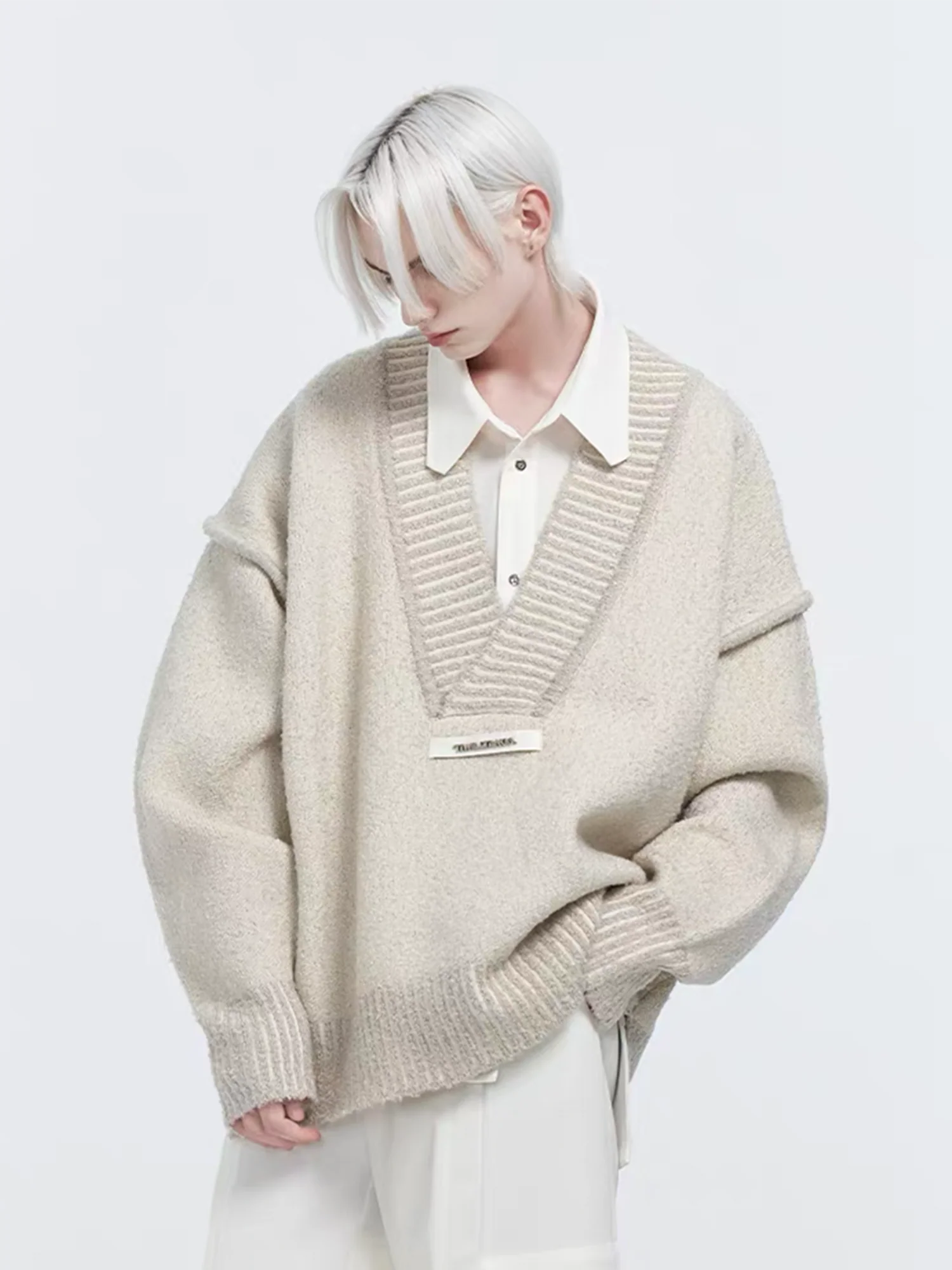 TIWILLTANG Retro Oversized V-Neck Sweater