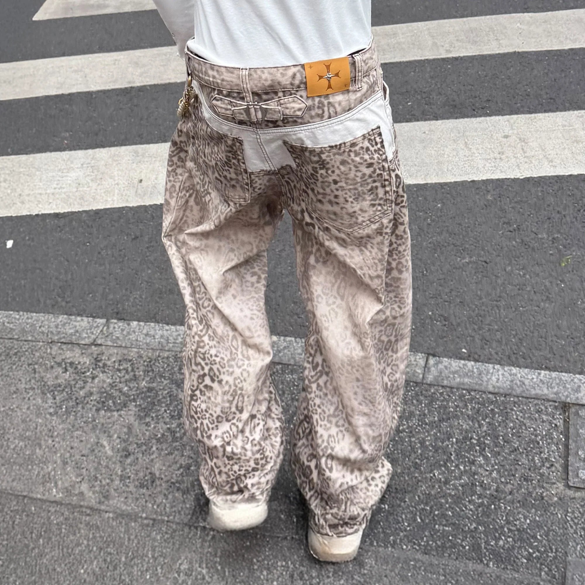 STEEPC Leopard Washed Paneled Wide-Leg Pants